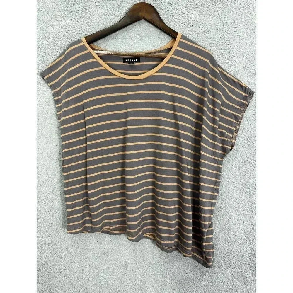 Trouve Nordstrom top womens small gray brown striped boxy asymmetrical hem
